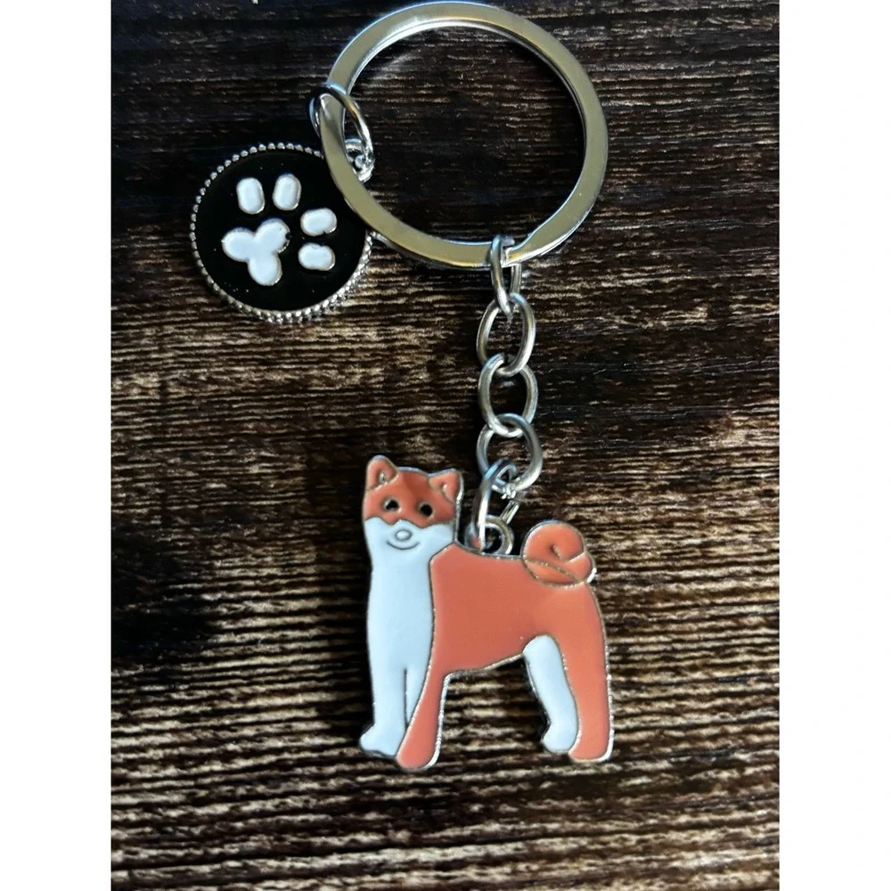 Shiba Inu Dog Keychain Orange White Enamel Paw Print Charm Silver Tone Pet Lover